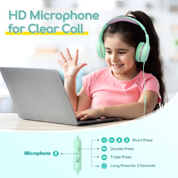 EarFun Kinder Kopfhörer, Kopfhörer Kinder mit Kabel, 85/94dB Lautstärkenbegrenzer, faltbar, verstellbar, Stereo Sound, HD-Mikrofon, Audio-Sharing, Over-Ear Kinderkopfhörer für Schule/Tablet/Reisen