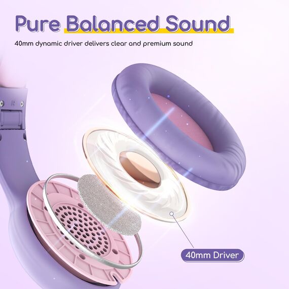 EarFun Kinder Kopfhörer, Kopfhörer Kinder mit Kabel, 85/94dB Lautstärkenbegrenzer, faltbar, verstellbar, Stereo Sound, HD-Mikrofon, Audio-Sharing, Over-Ear Kinderkopfhörer für Schule/Tablet/Reisen