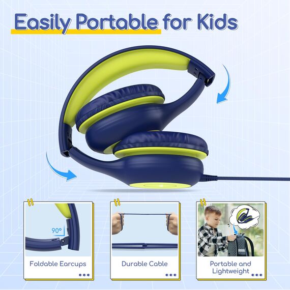 EarFun Kinder Kopfhörer, Kopfhörer Kinder mit Kabel, 85/94dB Lautstärkenbegrenzer, faltbar, verstellbar, Stereo Sound, HD-Mikrofon, Audio-Sharing, Over-Ear Kinderkopfhörer für Schule/Tablet/Reisen