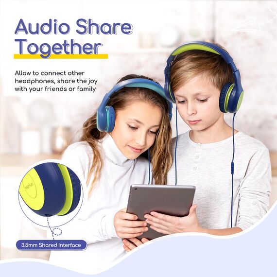 EarFun Kinder Kopfhörer, Kopfhörer Kinder mit Kabel, 85/94dB Lautstärkenbegrenzer, faltbar, verstellbar, Stereo Sound, HD-Mikrofon, Audio-Sharing, Over-Ear Kinderkopfhörer für Schule/Tablet/Reisen
