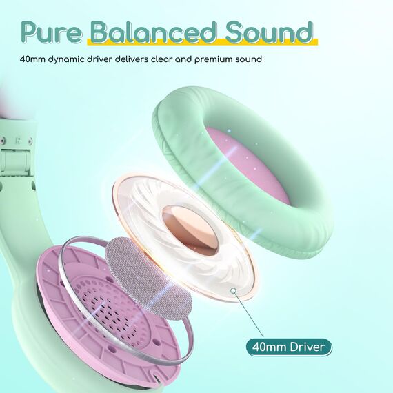 EarFun Kinder Kopfhörer, Kopfhörer Kinder mit Kabel, 85/94dB Lautstärkenbegrenzer, faltbar, verstellbar, Stereo Sound, HD-Mikrofon, Audio-Sharing, Over-Ear Kinderkopfhörer für Schule/Tablet/Reisen