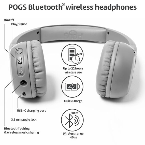 POGS Drahtloser Bluetooth Kinderkopfhörer | The Gecko 2 | Faltbarer robuster Kinderkopfhörer ab 3 Jahren | Lautstärkebegrenzung 85 dB | Mikrofon | On-Ear | Drahtlose Musik-Sharing-Funktion (rGrau)