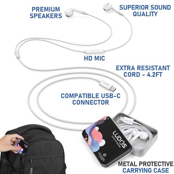 LUDOS FEROX USB C Kopfhörer, 5 Jahre Garantie für iPhone 17 16 15 Pro Max Plus Air Samsung Galaxy S24 S23 Ultra S22 S21 FE S20 A53 A54, USB Typ C Ohrhörer mit Mikrofon In-Ear mit Kabel für iPad Pro