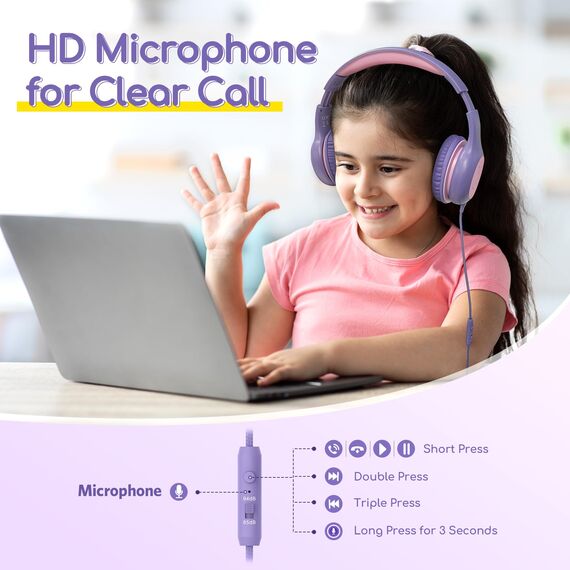 EarFun Kinder Kopfhörer, Kopfhörer Kinder mit Kabel, 85/94dB Lautstärkenbegrenzer, faltbar, verstellbar, Stereo Sound, HD-Mikrofon, Audio-Sharing, Over-Ear Kinderkopfhörer für Schule/Tablet/Reisen
