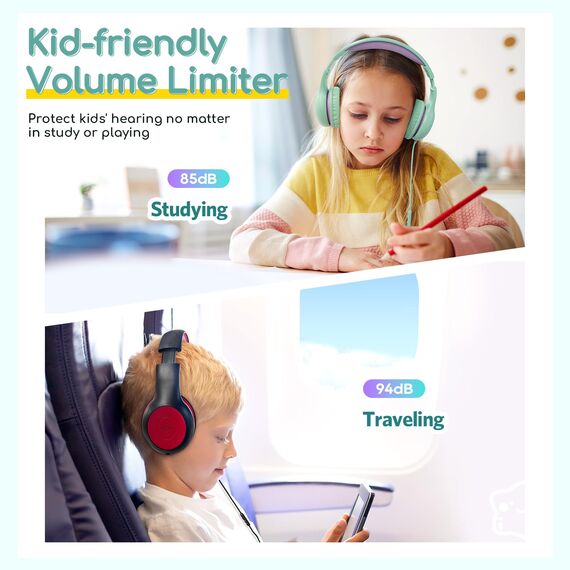 EarFun Kinder Kopfhörer, Kopfhörer Kinder mit Kabel, 85/94dB Lautstärkenbegrenzer, faltbar, verstellbar, Stereo Sound, HD-Mikrofon, Audio-Sharing, Over-Ear Kinderkopfhörer für Schule/Tablet/Reisen