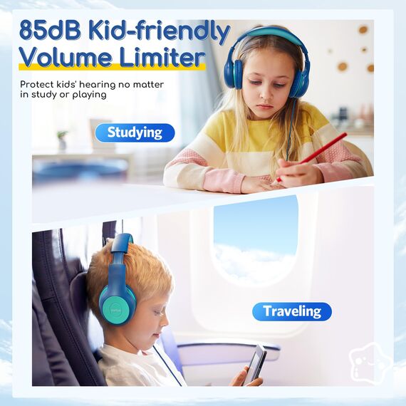 EarFun Kinder Kopfhörer, Kopfhörer Kinder mit Kabel, 85dB Lautstärkenbegrenzer, faltbar, verstellbar, Stereo Sound, HD-Mikrofon, Audio-Sharing, Over-Ear Kinderkopfhörer für Schule/Tablet/Reisen