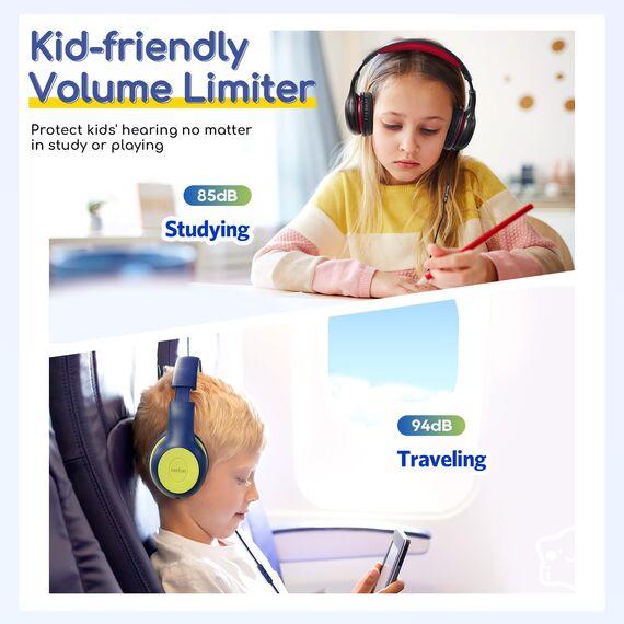 EarFun Kinder Kopfhörer, Kopfhörer Kinder mit Kabel, 85/94dB Lautstärkenbegrenzer, faltbar, verstellbar, Stereo Sound, HD-Mikrofon, Audio-Sharing, Over-Ear Kinderkopfhörer für Schule/Tablet/Reisen