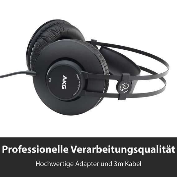 AKG K52 Geschlossener Hochleistungs-Monitoring-Studiokopfhörer, kabelgebunden, leichtes Design, 3,5-mm- und 1/4-Zoll-Adapter, 3 m Kabel - Schwarz