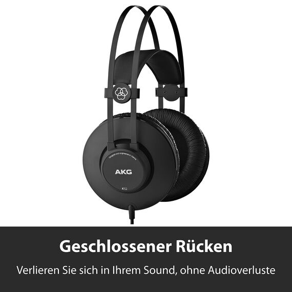 AKG K52 Geschlossener Hochleistungs-Monitoring-Studiokopfhörer, kabelgebunden, leichtes Design, 3,5-mm- und 1/4-Zoll-Adapter, 3 m Kabel - Schwarz