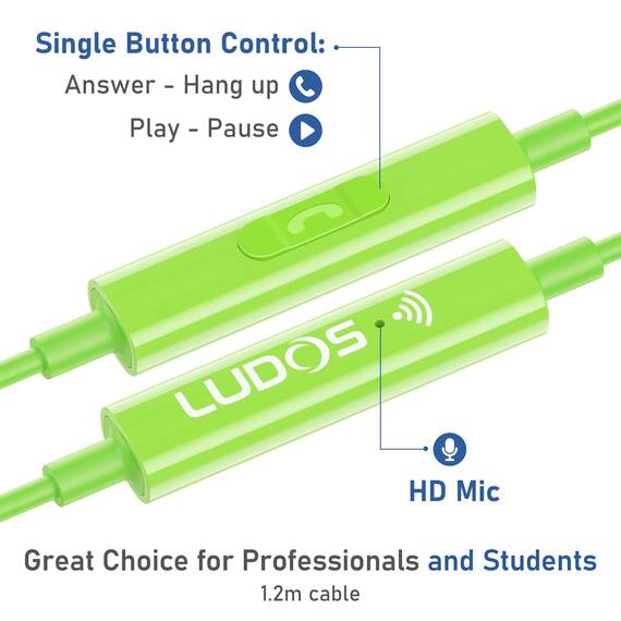 LUDOS OMNITONE Kopfhörer In Ear Kopfhörer mit Kabel und Mikrofon, 5 Jahre Garantie, In Ear Ohrhörer, 3,5 mm Klinkenstecker Earbuds, Satte Bässe Earphones, Headphones für iPhone, iPad, Samsung - Grün