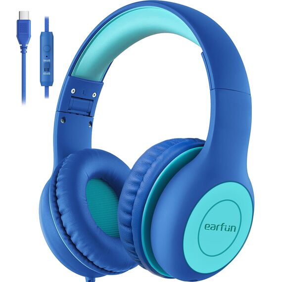 EarFun Kinder Kopfhörer, Kopfhörer Kinder mit USB-C Kabel, 85/94dB Lautstärkenbegrenzer, verstellbar, Stereo Sound, HD-Mikrofon, Audio-Sharing, Over-Ear Kinderkopfhörer für Schule/Tablet/Reisen