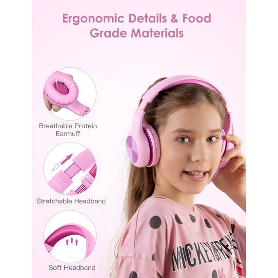 Nabevi Kinder Kopfhörer, Kopfhörer Kinder mit Kabel, 85/94dB Lautstärkegrenze, HD-Ton, Sharing-Funktion, Over-Ear Verstellbare Faltbare Kinderkopfhörer mit Mikrofon für Schule/Reise/PC/iPad, Rosa