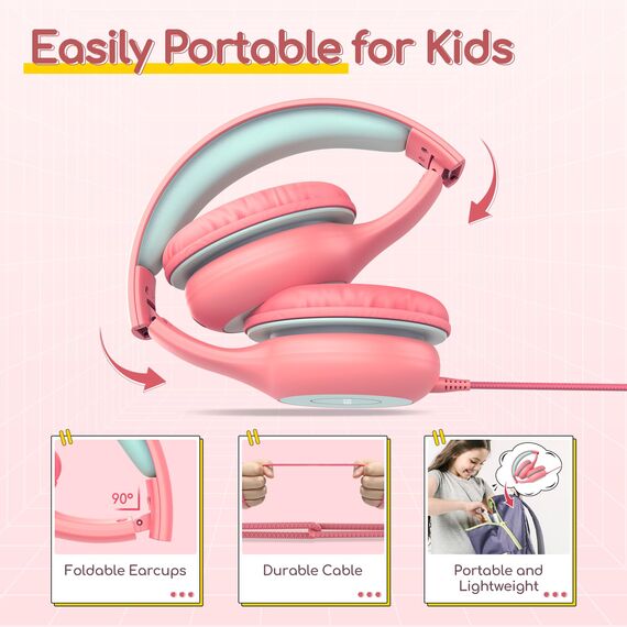 EarFun Kinder Kopfhörer, Kopfhörer Kinder mit Kabel, 85/94dB Lautstärkenbegrenzer, faltbar, verstellbar, Stereo Sound, HD-Mikrofon, Audio-Sharing, Over-Ear Kinderkopfhörer für Schule/Tablet/Reisen