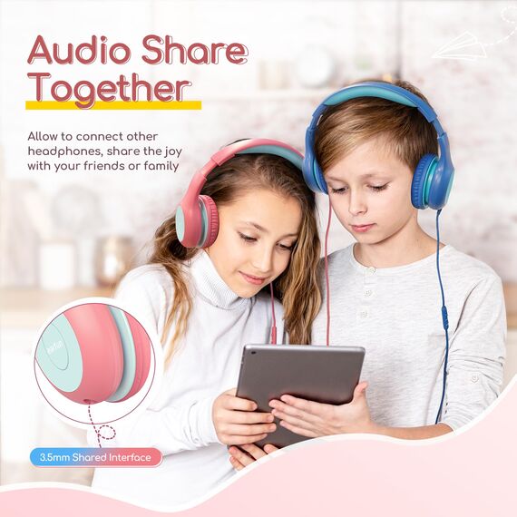 EarFun Kinder Kopfhörer, 2er-Pack, Kopfhörer Kinder mit Kabel, 85/94dB Lautstärkenbegrenzer, verstellbar, Stereo Sound, HD-Mikrofon, Audio-Sharing, Over-Ear Kinderkopfhörer für Schule/Tablet/Reisen