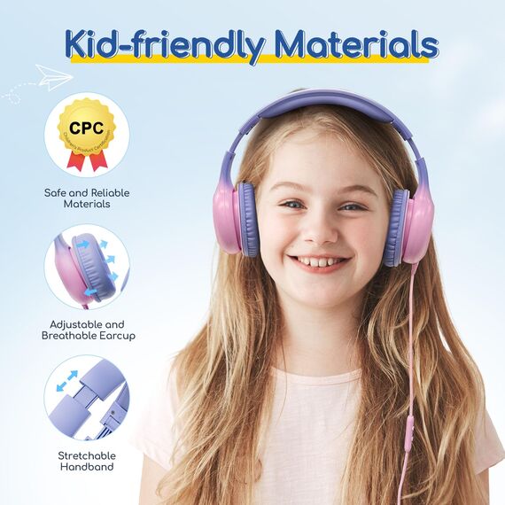 EarFun Kinder Kopfhörer, Kopfhörer Kinder mit USB-C Kabel, 85/94dB Lautstärkenbegrenzer, verstellbar, Stereo Sound, HD-Mikrofon, Audio-Sharing, Over-Ear Kinderkopfhörer für Schule/Tablet/Reisen