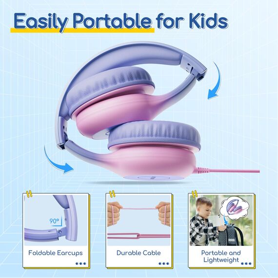 EarFun Kinder Kopfhörer, Kopfhörer Kinder mit USB-C Kabel, 85/94dB Lautstärkenbegrenzer, verstellbar, Stereo Sound, HD-Mikrofon, Audio-Sharing, Over-Ear Kinderkopfhörer für Schule/Tablet/Reisen