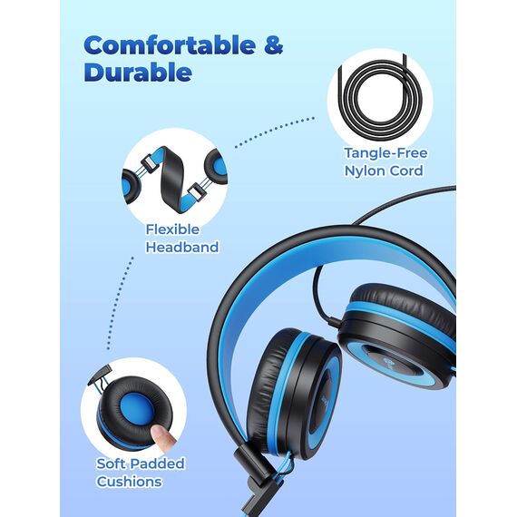iClever Kinder Kopfhörer, Kabel Kopfhörer für Kinder, Verstellbares Stirnband, Stereo Sound, Faltbare, Entwirrte Drähte, 3,5 mm Aux Jack, 85dB Volume Limited, Kinder Kopfhörer auf Ohr (Blue Black)