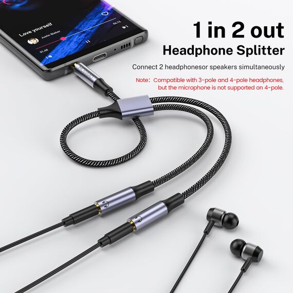MOSWAG Audio Y Splitter Kabel, Aux Splitter Adapter 1 in 2 out, 3,5mm Stecker auf 2 Buchse Kopfhörer Adapter für Samsung, Smartphone, Kopfhörer, Lautsprecher, PS4, Switch, Tablets, PC