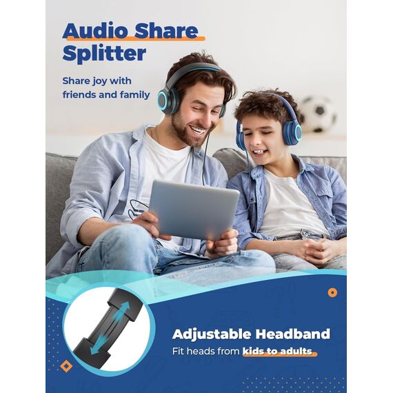 iClever Kinder Kopfhörer mit Sharing Splitter [2 Pack]- 85dBA Safe Volume Limited - HS22 Kopfhörer für Kinder mit Kabel, Tangle-Free Faltbar Stereo Kopfhörer für Schule/Tablet/Reisen, Blau&Schwarz