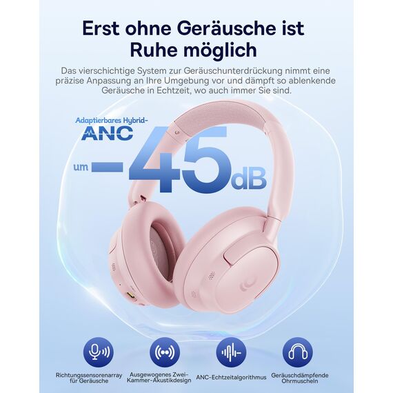 Baseus EH10 NC Bluetooth Kopfhörer mit -45dB Hybrid Active Geräuschisolierung, Over-Ear Kopfhörer mit Hi-Res & LDAC Audio und 5 KI-Mikrofon, 80 Std. Lange Spielzeit, Bluetooth 6.0, Mehrpunktverbindung