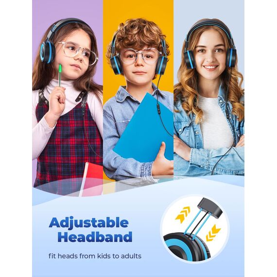 iClever Kinder Kopfhörer, Kabel Kopfhörer für Kinder, Verstellbares Stirnband, Stereo Sound, Faltbare, Entwirrte Drähte, 3,5 mm Aux Jack, 85dB Volume Limited, Kinder Kopfhörer auf Ohr (Blue Black)