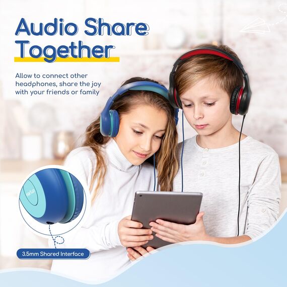 EarFun Kinder Kopfhörer, Kopfhörer Kinder mit Kabel, 85dB Lautstärkenbegrenzer, faltbar, verstellbar, Stereo Sound, HD-Mikrofon, Audio-Sharing, Over-Ear Kinderkopfhörer für Schule/Tablet/Reisen