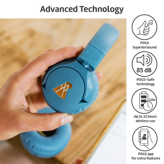 POGS Drahtloser Bluetooth Kinderkopfhörer | The Gecko 2 | Faltbarer robuster Kinderkopfhörer ab 3 Jahren | Lautstärkebegrenzung 70-85 dB | Mikrofon | On-Ear | Drahtlose Musik-Sharing-Funktion (rBlau)
