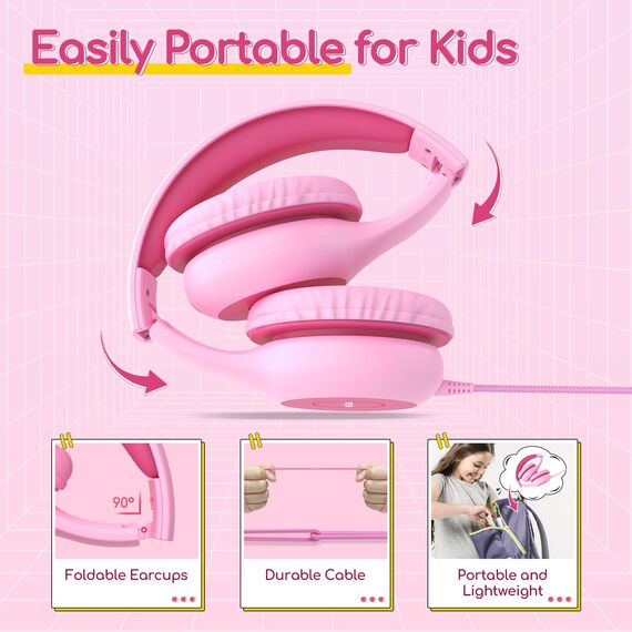 EarFun Kinder Kopfhörer, Kopfhörer Kinder mit Kabel, 85/94dB Lautstärkenbegrenzer, faltbar, verstellbar, Stereo Sound, HD-Mikrofon, Audio-Sharing, Over-Ear Kinderkopfhörer für Schule/Tablet/Reisen