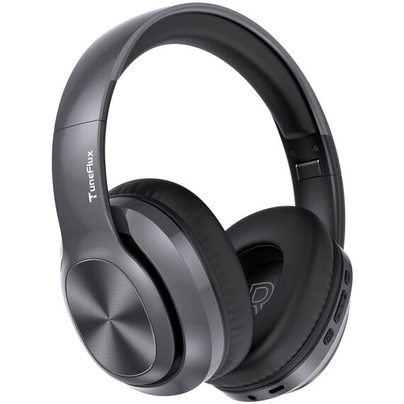 TuneFlux Bluetooth Kopfhörer Over Ear, 80 Std Akkulaufzeit, Kabellos Bluetooth Kopfhörer mit 3 EQ-Modi, HiFi-Stereo, Eingebautes Mikrofon, Faltbares Wireless Kopfhörer (Metallic)