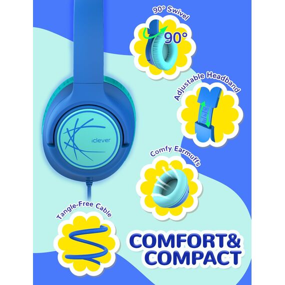 iClever Kopfhörer Kinder, Kinder Kopfhörer mit Kabel 85dBA Sichere Lautstärke, Stereo Sound, Over Ear Faltbare 3.5 mm Jack Kinder Kopfhörer für iPad, Tablets, Schule, Reisen, Blau