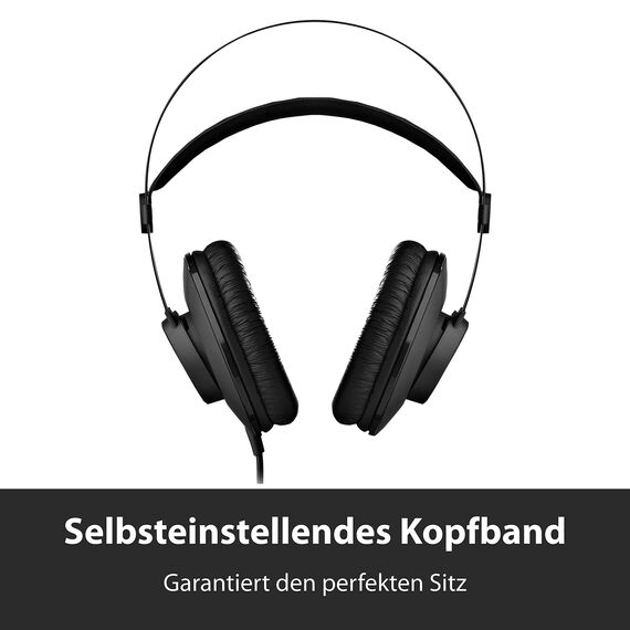 AKG K52 Geschlossener Hochleistungs-Monitoring-Studiokopfhörer, kabelgebunden, leichtes Design, 3,5-mm- und 1/4-Zoll-Adapter, 3 m Kabel - Schwarz