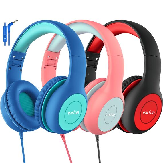EarFun Kinder Kopfhörer, 3er-Pack, Kopfhörer Kinder mit Kabel, 85/94dB Lautstärkenbegrenzer, verstellbar, Stereo Sound, HD-Mikrofon, Audio-Sharing, Over-Ear Kinderkopfhörer für Schule/Tablet/Reisen