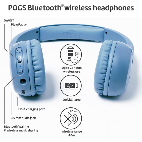 POGS Drahtloser Bluetooth Kinderkopfhörer | The Gecko 2 | Faltbarer robuster Kinderkopfhörer ab 3 Jahren | Lautstärkebegrenzung 70-85 dB | Mikrofon | On-Ear | Drahtlose Musik-Sharing-Funktion (rBlau)