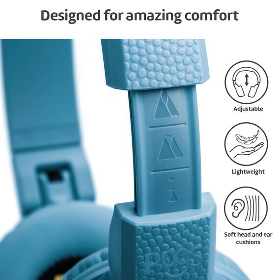POGS Drahtloser Bluetooth Kinderkopfhörer | The Gecko 2 | Faltbarer robuster Kinderkopfhörer ab 3 Jahren | Lautstärkebegrenzung 70-85 dB | Mikrofon | On-Ear | Drahtlose Musik-Sharing-Funktion (rBlau)