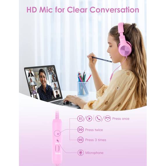 Nabevi Kinder Kopfhörer, Kopfhörer Kinder mit Kabel, 85/94dB Lautstärkegrenze, HD-Ton, Sharing-Funktion, Over-Ear Verstellbare Faltbare Kinderkopfhörer mit Mikrofon für Schule/Reise/PC/iPad, Rosa