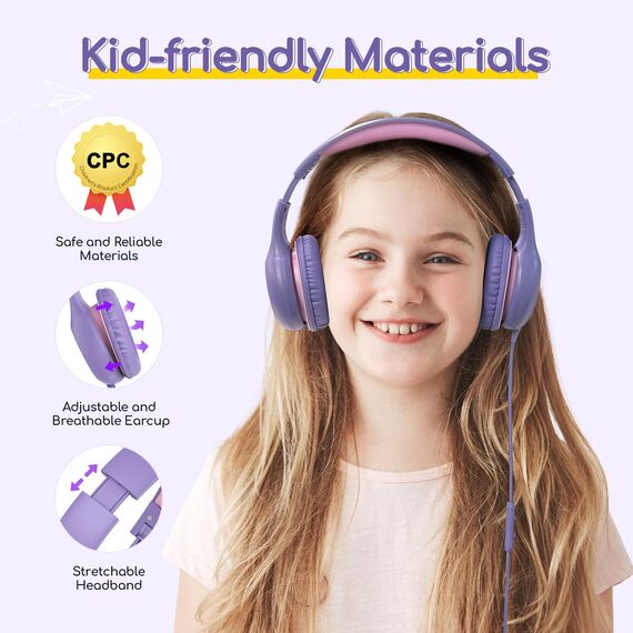 EarFun Kinder Kopfhörer, Kopfhörer Kinder mit Kabel, 85/94dB Lautstärkenbegrenzer, faltbar, verstellbar, Stereo Sound, HD-Mikrofon, Audio-Sharing, Over-Ear Kinderkopfhörer für Schule/Tablet/Reisen