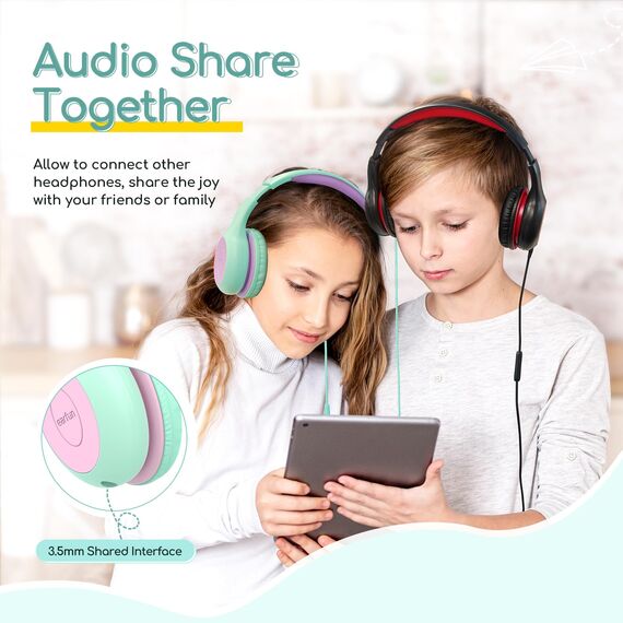 EarFun Kinder Kopfhörer, Kopfhörer Kinder mit Kabel, 85/94dB Lautstärkenbegrenzer, faltbar, verstellbar, Stereo Sound, HD-Mikrofon, Audio-Sharing, Over-Ear Kinderkopfhörer für Schule/Tablet/Reisen