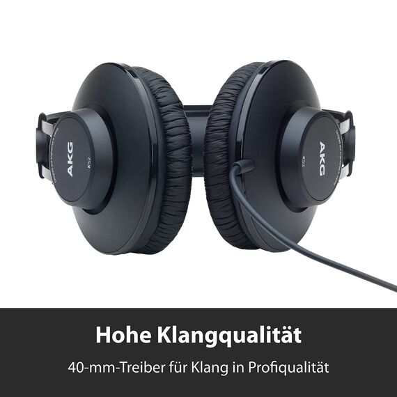 AKG K52 Geschlossener Hochleistungs-Monitoring-Studiokopfhörer, kabelgebunden, leichtes Design, 3,5-mm- und 1/4-Zoll-Adapter, 3 m Kabel - Schwarz