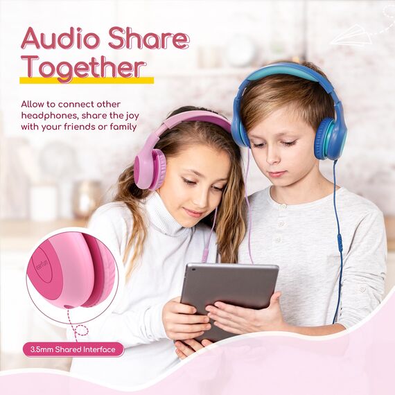 EarFun Kinder Kopfhörer, Kopfhörer Kinder mit Kabel, 85/94dB Lautstärkenbegrenzer, faltbar, verstellbar, Stereo Sound, HD-Mikrofon, Audio-Sharing, Over-Ear Kinderkopfhörer für Schule/Tablet/Reisen
