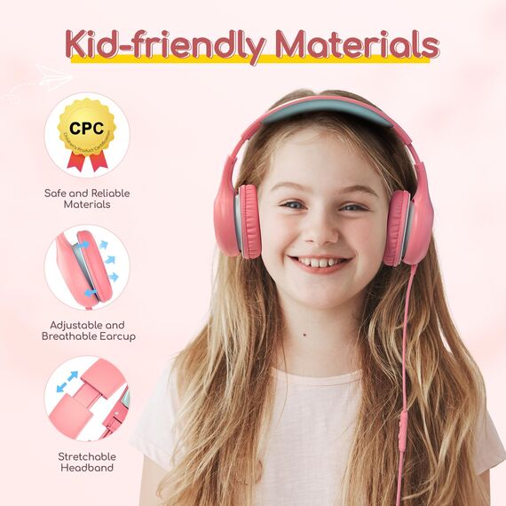 EarFun Kinder Kopfhörer, Kopfhörer Kinder mit Kabel, 85/94dB Lautstärkenbegrenzer, faltbar, verstellbar, Stereo Sound, HD-Mikrofon, Audio-Sharing, Over-Ear Kinderkopfhörer für Schule/Tablet/Reisen