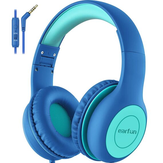 EarFun Kinder Kopfhörer, Kopfhörer Kinder mit Kabel, 85/94dB Lautstärkenbegrenzer, faltbar, verstellbar, Stereo Sound, HD-Mikrofon, Audio-Sharing, Over-Ear Kinderkopfhörer für Schule/Tablet/Reisen