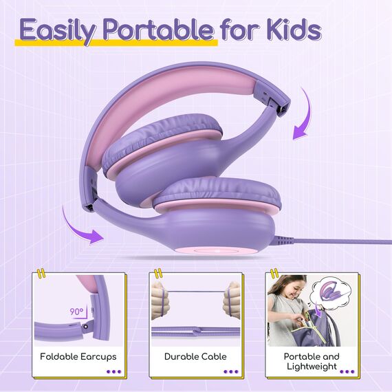 EarFun Kinder Kopfhörer, Kopfhörer Kinder mit Kabel, 85/94dB Lautstärkenbegrenzer, faltbar, verstellbar, Stereo Sound, HD-Mikrofon, Audio-Sharing, Over-Ear Kinderkopfhörer für Schule/Tablet/Reisen