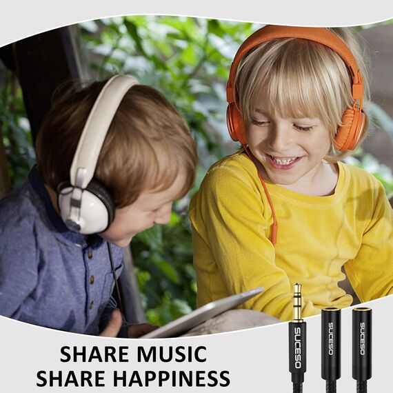 SUCESO Audio Klinke Y Splitter Adapter 3.5mm Stecker auf Buchse Headset Stereo Aux Splitter Kabel Kopfhörer Doppelstecker für Tablet, Laptop, Samsung, Smartphone, Lautsprecher, PC usw - 35cm(Schwarz)