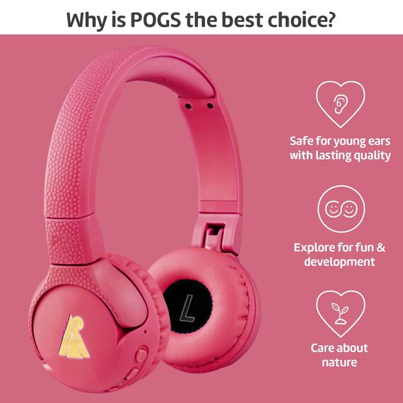POGS Drahtloser Bluetooth Kinderkopfhörer | The Gecko 2 | Faltbarer robuster Kinderkopfhörer ab 3 Jahren | Lautstärkebegrenzung 85 dB | Mikrofon | On-Ear | Drahtlose Musik-Sharing-Funktion (rRosa)