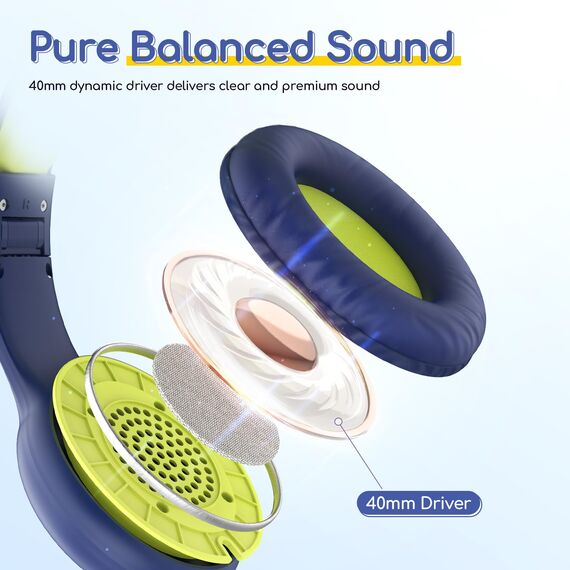 EarFun Kinder Kopfhörer, Kopfhörer Kinder mit Kabel, 85/94dB Lautstärkenbegrenzer, faltbar, verstellbar, Stereo Sound, HD-Mikrofon, Audio-Sharing, Over-Ear Kinderkopfhörer für Schule/Tablet/Reisen