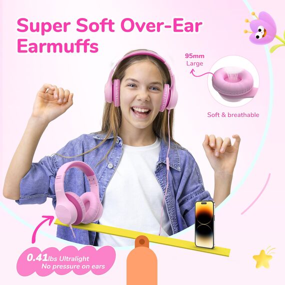 EarFun Kinder Kopfhörer, Over-Ear Kopfhörer für Kinder mit Kabel, 85/94dB Lautstärkenbegrenzer, Faltbar, Einstellbar, Hi-Fi Klang, HD-Mikrofon, Komfortables Tragen, Kinderkopfhörer für Schule/Tablet