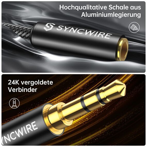 Syncwire Audio Y Splitter Kabel - 23cm- 3,5mm Male auf 2X Female Nylon Kopfhörer Doppelstecker für Apple, Samsung, Smartphone, Kopfhörer, Lautsprecher, Mikrofon & Mehr - Schwarz