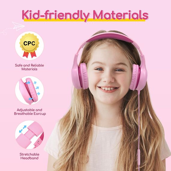 EarFun Kinder Kopfhörer, Kopfhörer Kinder mit Kabel, 85/94dB Lautstärkenbegrenzer, faltbar, verstellbar, Stereo Sound, HD-Mikrofon, Audio-Sharing, Over-Ear Kinderkopfhörer für Schule/Tablet/Reisen
