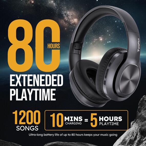TuneFlux Bluetooth Kopfhörer Over Ear, 80 Std Akkulaufzeit, Kabellos Bluetooth Kopfhörer mit 3 EQ-Modi, HiFi-Stereo, Eingebautes Mikrofon, Faltbares Wireless Kopfhörer (Metallic)