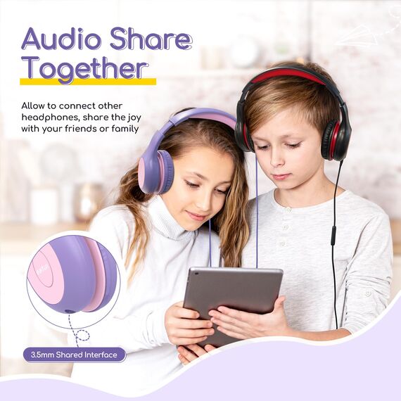 EarFun Kinder Kopfhörer, Kopfhörer Kinder mit Kabel, 85/94dB Lautstärkenbegrenzer, faltbar, verstellbar, Stereo Sound, HD-Mikrofon, Audio-Sharing, Over-Ear Kinderkopfhörer für Schule/Tablet/Reisen